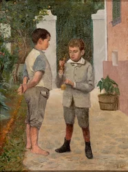 Zwei Jungen spielen mit einem Kendama-Spielzeug